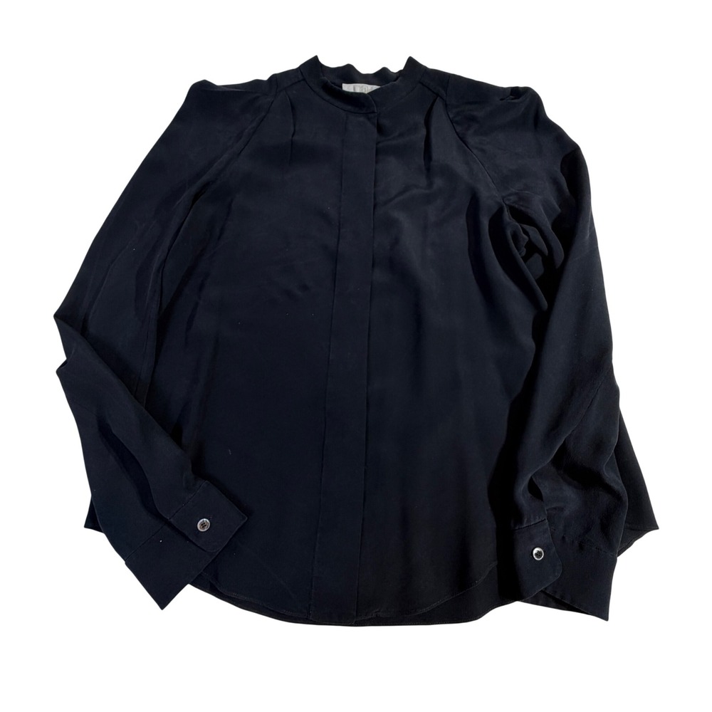 Chloe Silk Blouse S Black Pleated Shoulder Long Sleeve Stand Collar Top